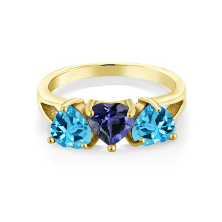 Gem Stone King 2.48 Ct Blue Iolite Swiss Blue Topaz 18K Yellow Gold Plated Silver Ring 